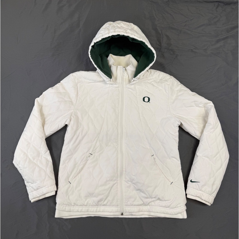 Nike Team Oregon Ducks Quilted Puffer Jacket White Green Hooded Womens L Y2K
